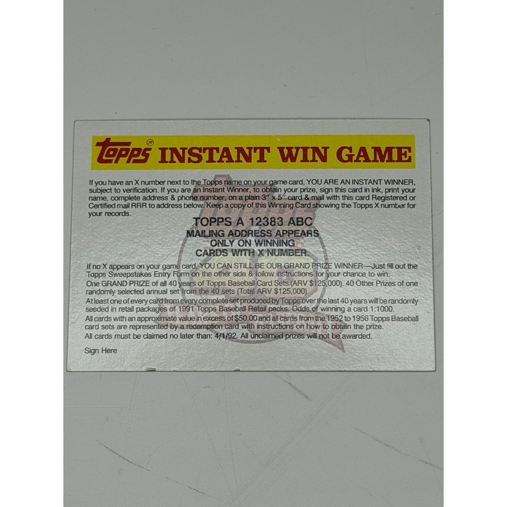 Topps 1991 Instant Win Game Sweepstakes Insert Card #A12383ABC Baseball